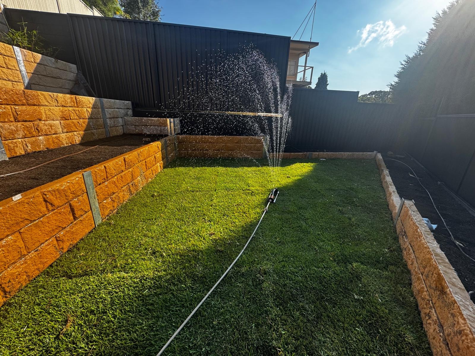Tiered sandstone retaining walls with freshly laid turf and irrigation