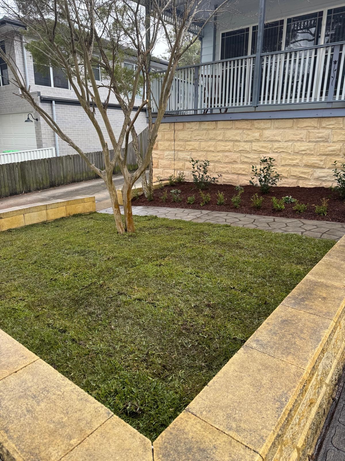 Sandstone feature wall with new turf, garden bed and established tree
