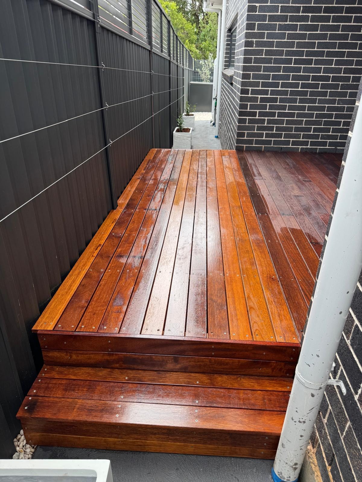 Freshly oiled hardwood timber deck with steps and wire trellis